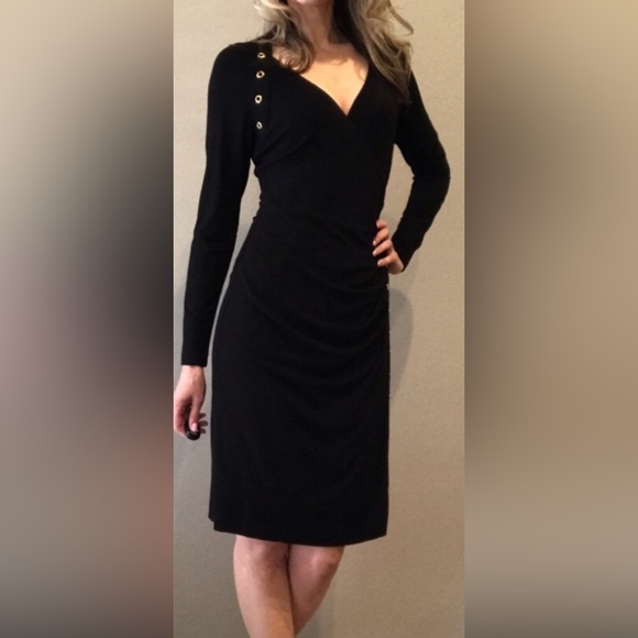 Carmen Marc Valvo-Blk Wrap Long Sleeve Bodycon Dress W/inner Laced Leather, SZ S - Picture 4 of 13